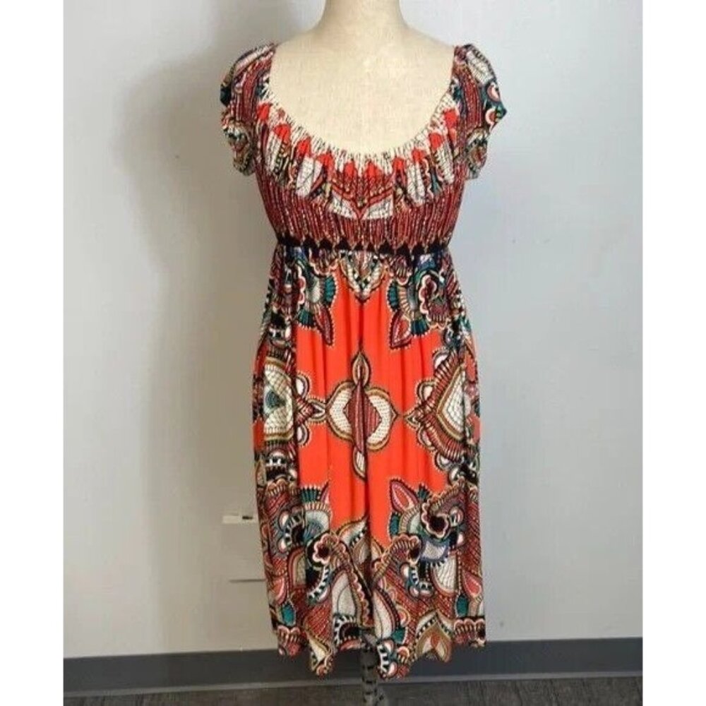 Muse for Boston Proper Orange Medallion Geometric Print Smocked Dress Size 8